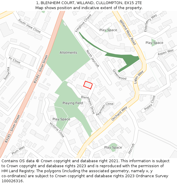 1, BLENHEIM COURT, WILLAND, CULLOMPTON, EX15 2TE: Location map and indicative extent of plot