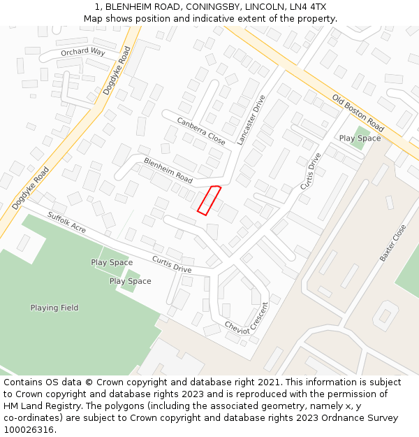1, BLENHEIM ROAD, CONINGSBY, LINCOLN, LN4 4TX: Location map and indicative extent of plot