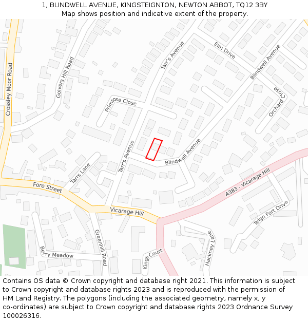 1, BLINDWELL AVENUE, KINGSTEIGNTON, NEWTON ABBOT, TQ12 3BY: Location map and indicative extent of plot