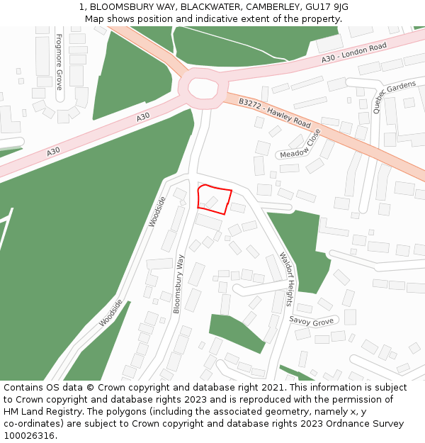 1, BLOOMSBURY WAY, BLACKWATER, CAMBERLEY, GU17 9JG: Location map and indicative extent of plot
