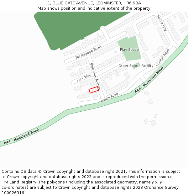1, BLUE GATE AVENUE, LEOMINSTER, HR6 9BA: Location map and indicative extent of plot