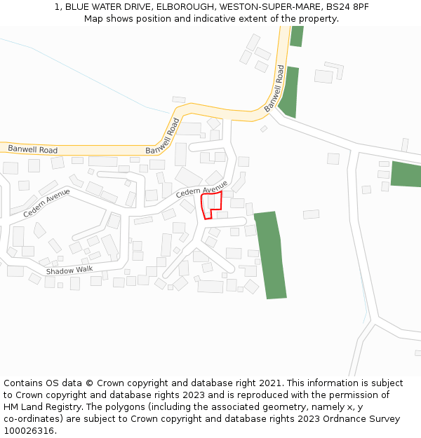 1, BLUE WATER DRIVE, ELBOROUGH, WESTON-SUPER-MARE, BS24 8PF: Location map and indicative extent of plot