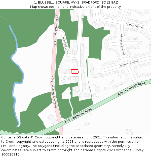 1, BLUEBELL SQUARE, WYKE, BRADFORD, BD12 8AZ: Location map and indicative extent of plot
