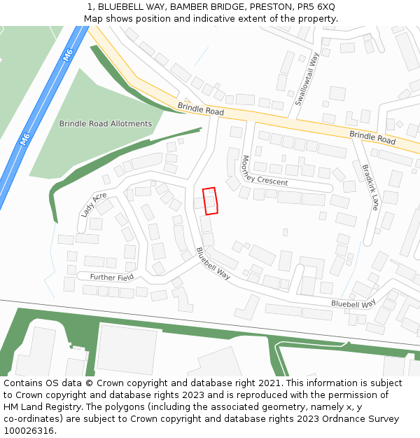 1, BLUEBELL WAY, BAMBER BRIDGE, PRESTON, PR5 6XQ: Location map and indicative extent of plot