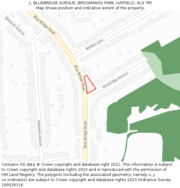1, BLUEBRIDGE AVENUE, BROOKMANS PARK, HATFIELD, AL9 7RY: Location map and indicative extent of plot