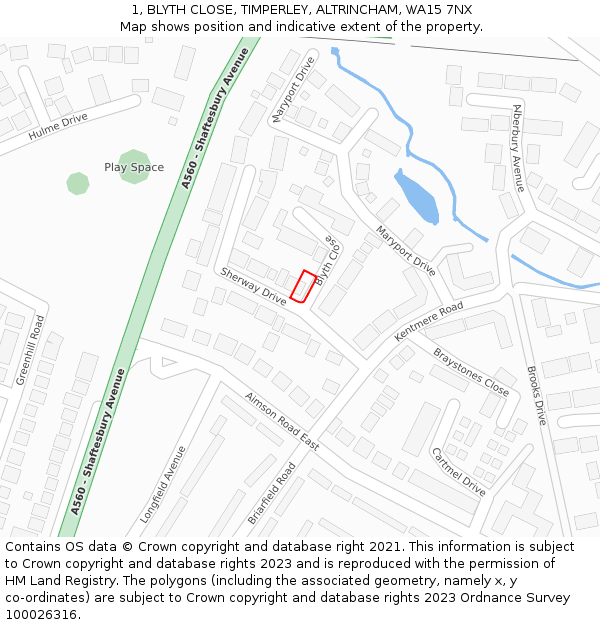 1, BLYTH CLOSE, TIMPERLEY, ALTRINCHAM, WA15 7NX: Location map and indicative extent of plot
