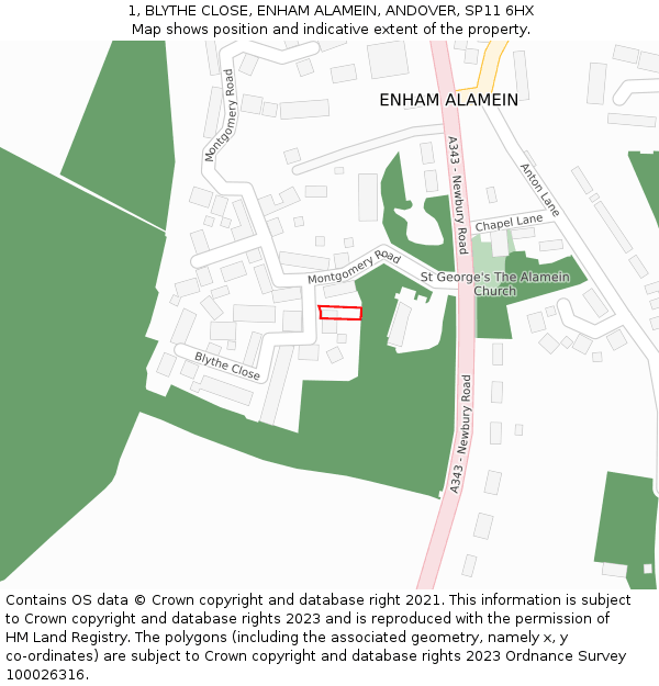 1, BLYTHE CLOSE, ENHAM ALAMEIN, ANDOVER, SP11 6HX: Location map and indicative extent of plot