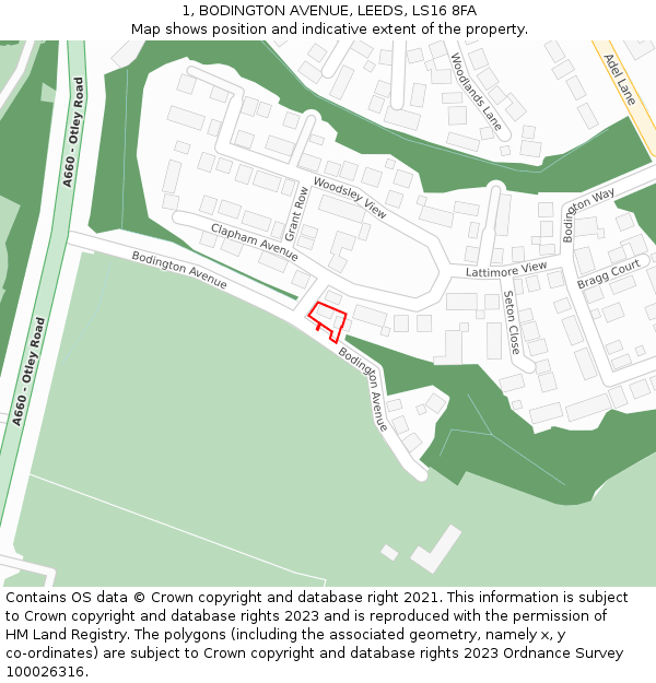 1, BODINGTON AVENUE, LEEDS, LS16 8FA: Location map and indicative extent of plot