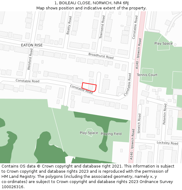 1, BOILEAU CLOSE, NORWICH, NR4 6RJ: Location map and indicative extent of plot