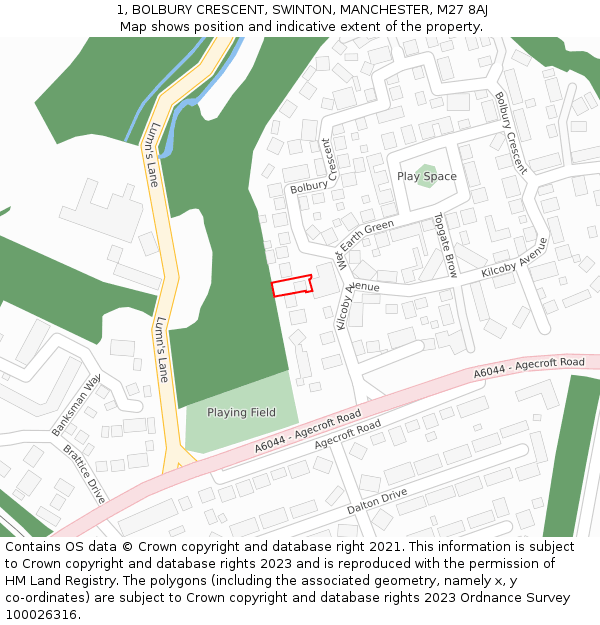 1, BOLBURY CRESCENT, SWINTON, MANCHESTER, M27 8AJ: Location map and indicative extent of plot