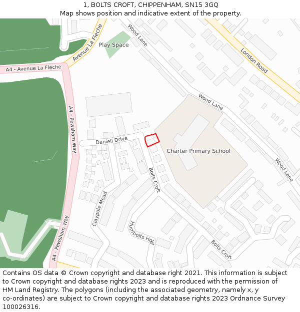 1, BOLTS CROFT, CHIPPENHAM, SN15 3GQ: Location map and indicative extent of plot