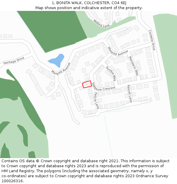 1, BONITA WALK, COLCHESTER, CO4 6EJ: Location map and indicative extent of plot