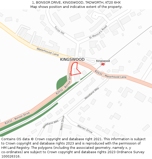 1, BONSOR DRIVE, KINGSWOOD, TADWORTH, KT20 6HX: Location map and indicative extent of plot