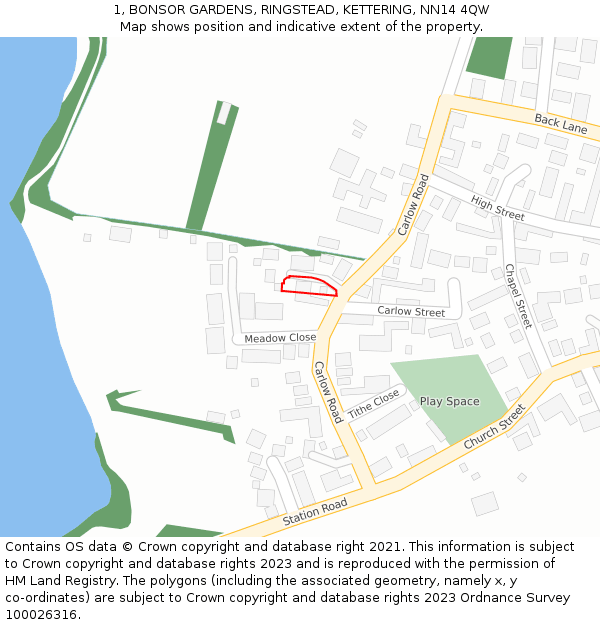 1, BONSOR GARDENS, RINGSTEAD, KETTERING, NN14 4QW: Location map and indicative extent of plot
