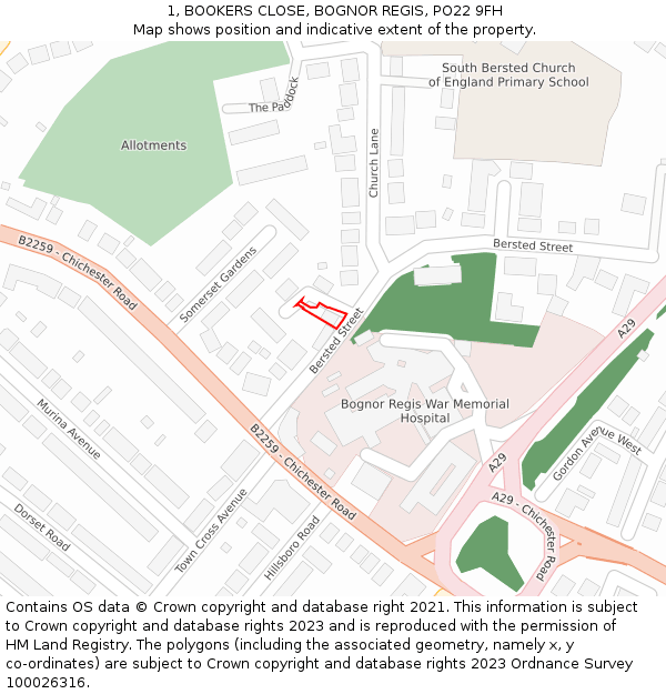 1, BOOKERS CLOSE, BOGNOR REGIS, PO22 9FH: Location map and indicative extent of plot