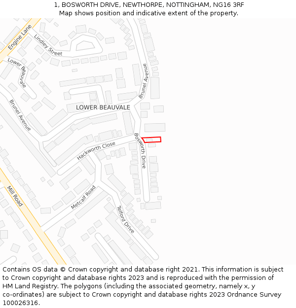 1, BOSWORTH DRIVE, NEWTHORPE, NOTTINGHAM, NG16 3RF: Location map and indicative extent of plot