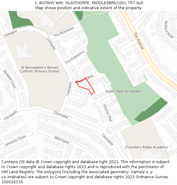 1, BOTANY WAY, NUNTHORPE, MIDDLESBROUGH, TS7 0LR: Location map and indicative extent of plot