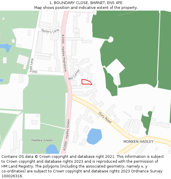 1, BOUNDARY CLOSE, BARNET, EN5 4PE: Location map and indicative extent of plot