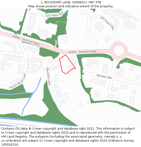 1, BOUNDARY LANE, NORWICH, NR7 0TB: Location map and indicative extent of plot