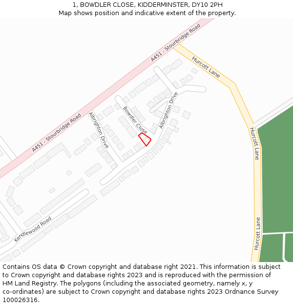 1, BOWDLER CLOSE, KIDDERMINSTER, DY10 2PH: Location map and indicative extent of plot