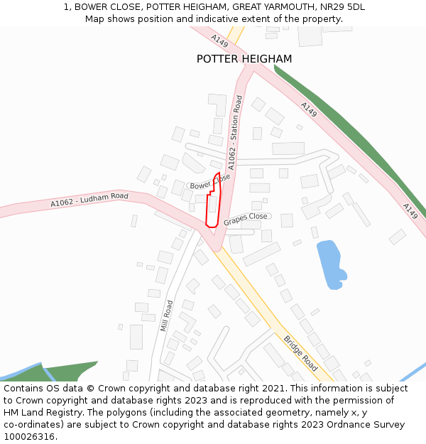1, BOWER CLOSE, POTTER HEIGHAM, GREAT YARMOUTH, NR29 5DL: Location map and indicative extent of plot