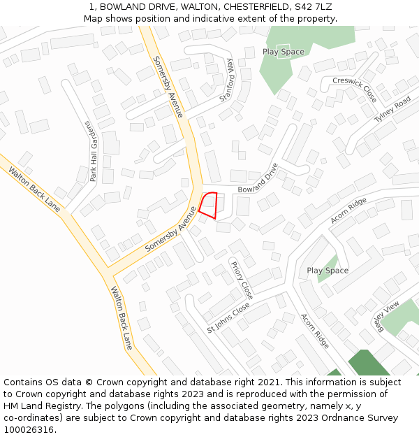 1, BOWLAND DRIVE, WALTON, CHESTERFIELD, S42 7LZ: Location map and indicative extent of plot