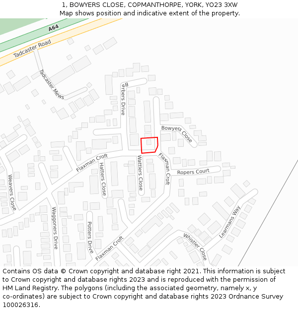 1, BOWYERS CLOSE, COPMANTHORPE, YORK, YO23 3XW: Location map and indicative extent of plot