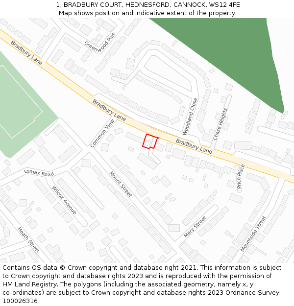 1, BRADBURY COURT, HEDNESFORD, CANNOCK, WS12 4FE: Location map and indicative extent of plot