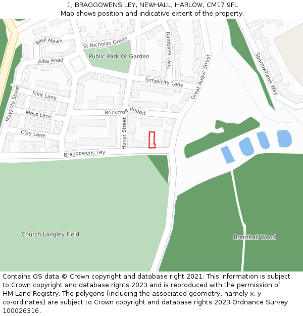 1, BRAGGOWENS LEY, NEWHALL, HARLOW, CM17 9FL: Location map and indicative extent of plot