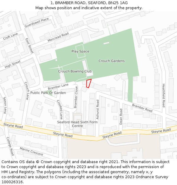 1, BRAMBER ROAD, SEAFORD, BN25 1AG: Location map and indicative extent of plot