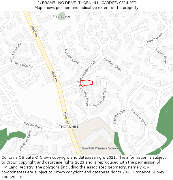 1, BRAMBLING DRIVE, THORNHILL, CARDIFF, CF14 9FD: Location map and indicative extent of plot