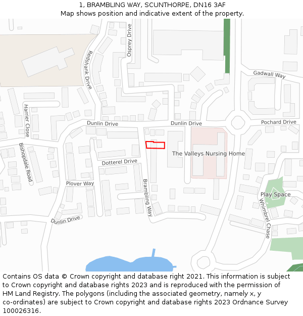 1, BRAMBLING WAY, SCUNTHORPE, DN16 3AF: Location map and indicative extent of plot
