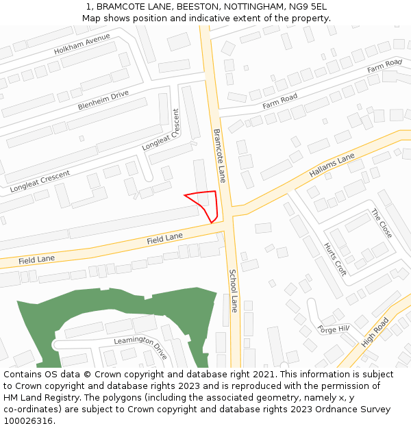 1, BRAMCOTE LANE, BEESTON, NOTTINGHAM, NG9 5EL: Location map and indicative extent of plot