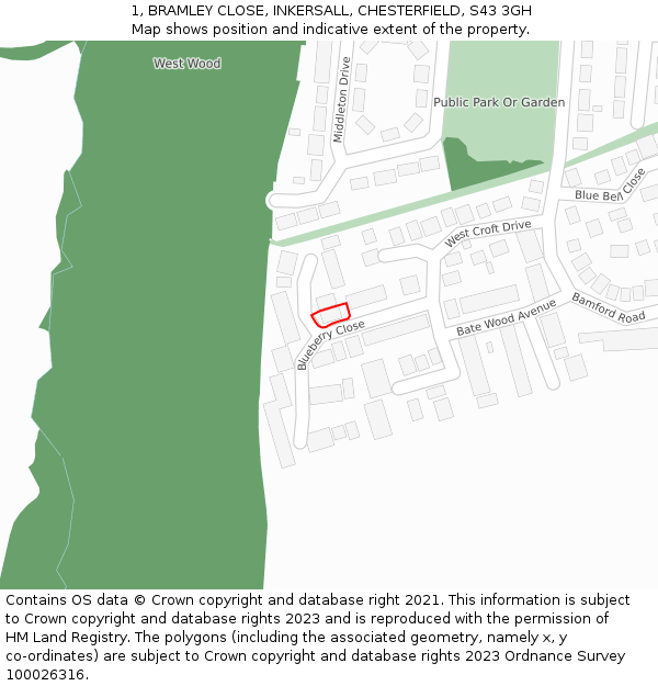 1, BRAMLEY CLOSE, INKERSALL, CHESTERFIELD, S43 3GH: Location map and indicative extent of plot