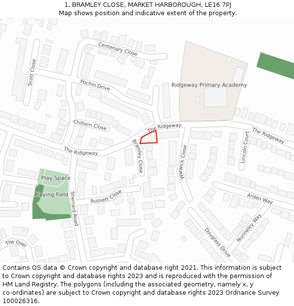 1, BRAMLEY CLOSE, MARKET HARBOROUGH, LE16 7PJ: Location map and indicative extent of plot