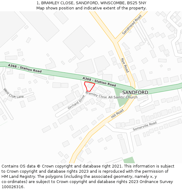 1, BRAMLEY CLOSE, SANDFORD, WINSCOMBE, BS25 5NY: Location map and indicative extent of plot