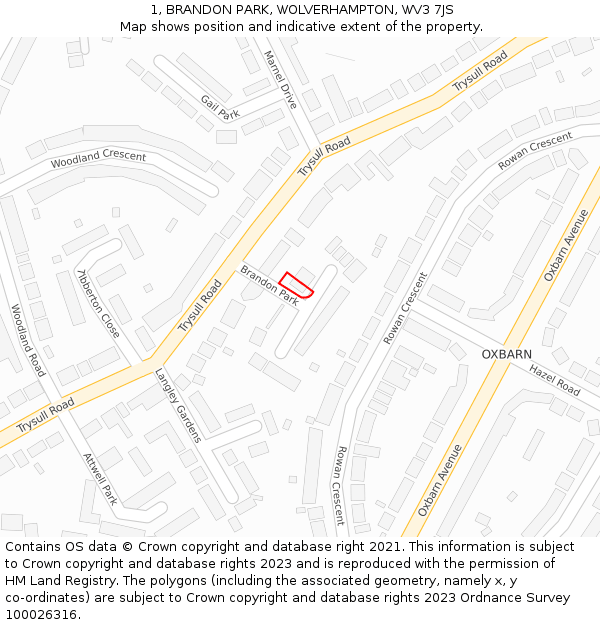 1, BRANDON PARK, WOLVERHAMPTON, WV3 7JS: Location map and indicative extent of plot