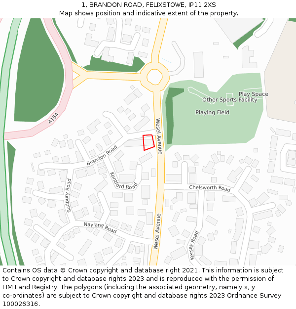 1, BRANDON ROAD, FELIXSTOWE, IP11 2XS: Location map and indicative extent of plot