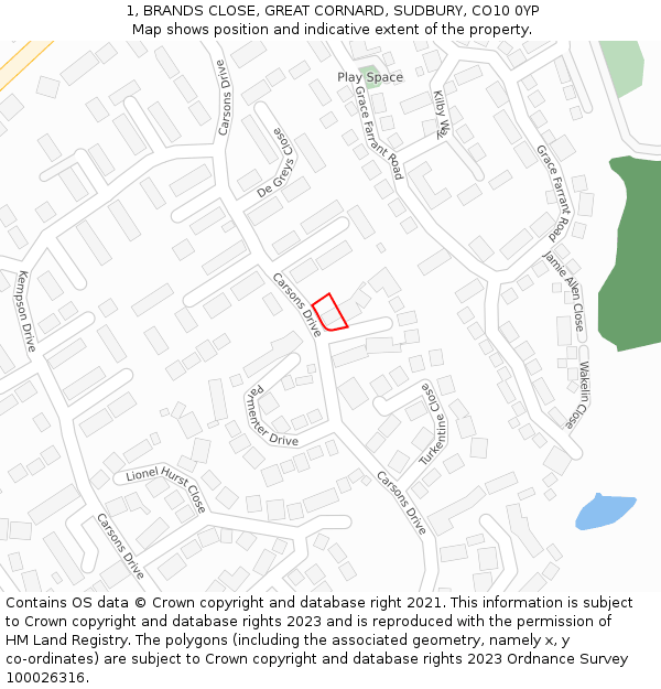 1, BRANDS CLOSE, GREAT CORNARD, SUDBURY, CO10 0YP: Location map and indicative extent of plot
