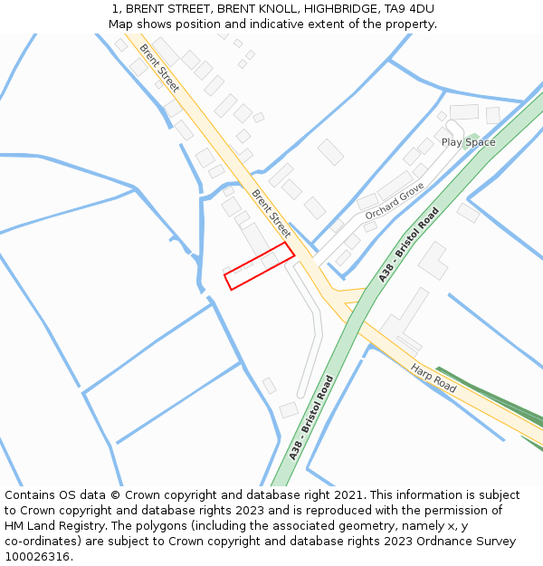 1, BRENT STREET, BRENT KNOLL, HIGHBRIDGE, TA9 4DU: Location map and indicative extent of plot