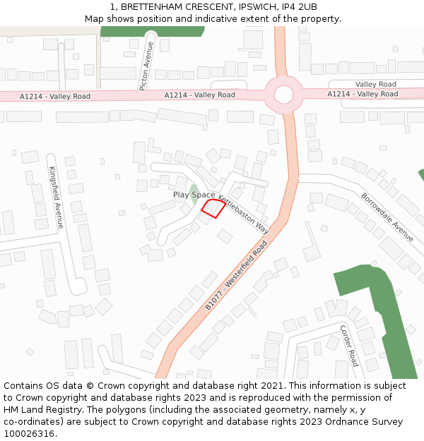 1, BRETTENHAM CRESCENT, IPSWICH, IP4 2UB: Location map and indicative extent of plot