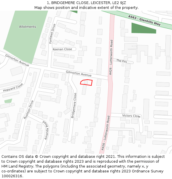 1, BRIDGEMERE CLOSE, LEICESTER, LE2 9JZ: Location map and indicative extent of plot