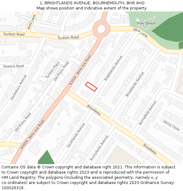 1, BRIGHTLANDS AVENUE, BOURNEMOUTH, BH6 4HG: Location map and indicative extent of plot