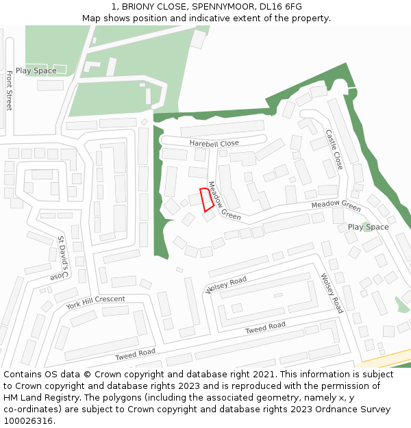 1, BRIONY CLOSE, SPENNYMOOR, DL16 6FG: Location map and indicative extent of plot