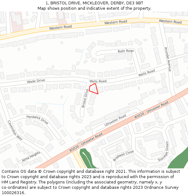 1, BRISTOL DRIVE, MICKLEOVER, DERBY, DE3 9BT: Location map and indicative extent of plot
