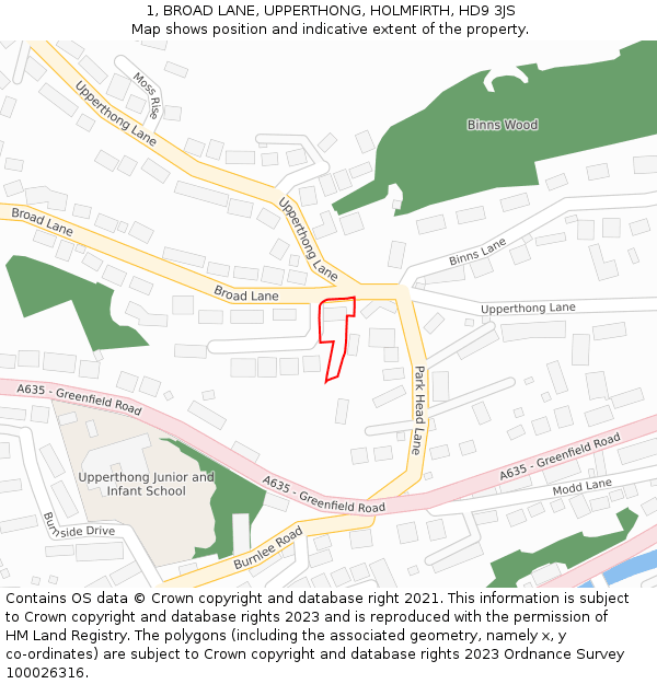 1, BROAD LANE, UPPERTHONG, HOLMFIRTH, HD9 3JS: Location map and indicative extent of plot