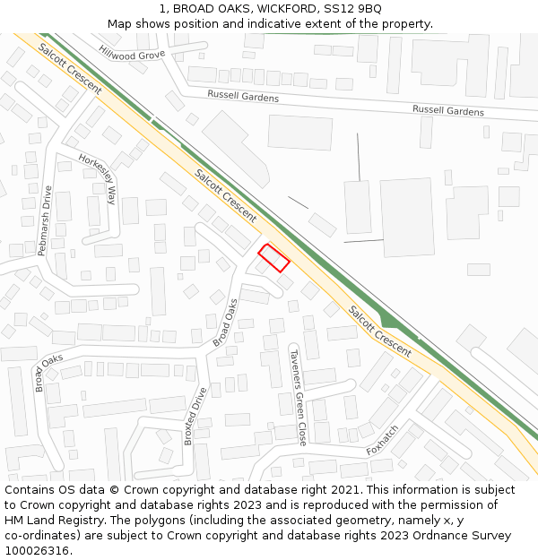 1, BROAD OAKS, WICKFORD, SS12 9BQ: Location map and indicative extent of plot