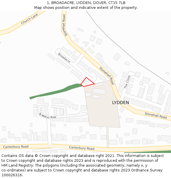 1, BROADACRE, LYDDEN, DOVER, CT15 7LB: Location map and indicative extent of plot