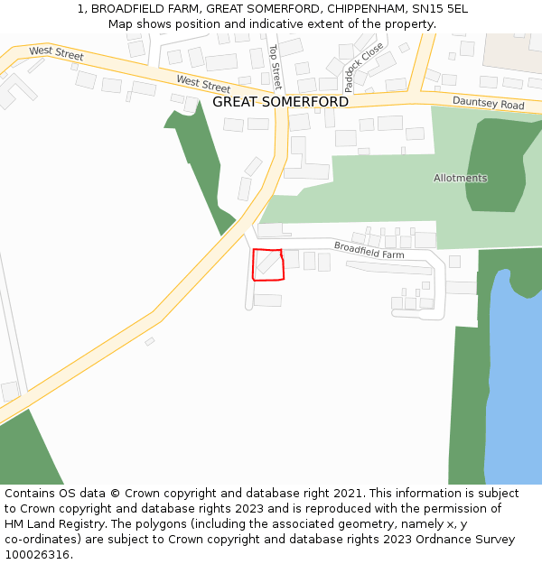 1, BROADFIELD FARM, GREAT SOMERFORD, CHIPPENHAM, SN15 5EL: Location map and indicative extent of plot