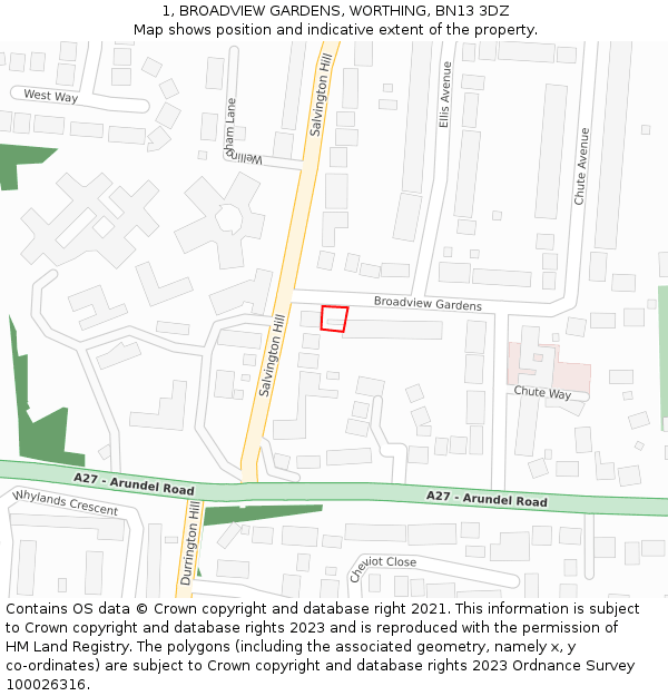 1, BROADVIEW GARDENS, WORTHING, BN13 3DZ: Location map and indicative extent of plot